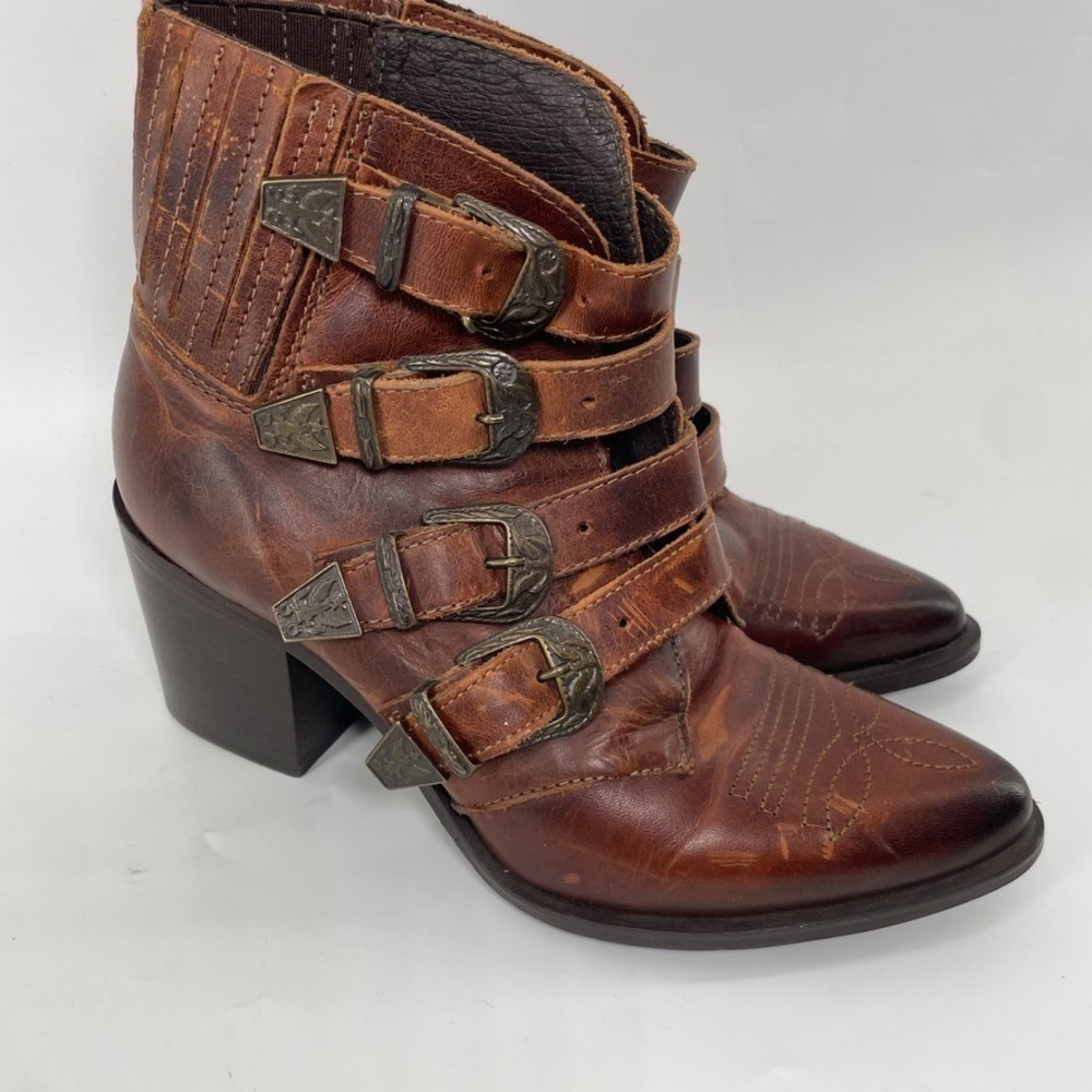 Steve Madden Boots Women 7.5‎ Brown Leather Prairie Western Steampunk Buckle Y2K